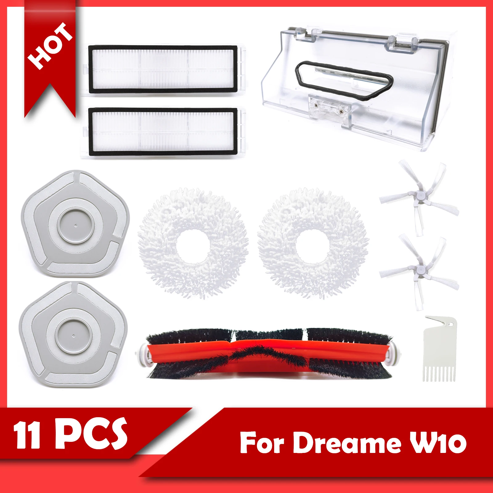 

For Dreame Bot W10 Robotic Sweeper Robot Vacuum Cleaner Parts 11-piece set Main and Side brush Cover Tyre skin Filter Dust Box