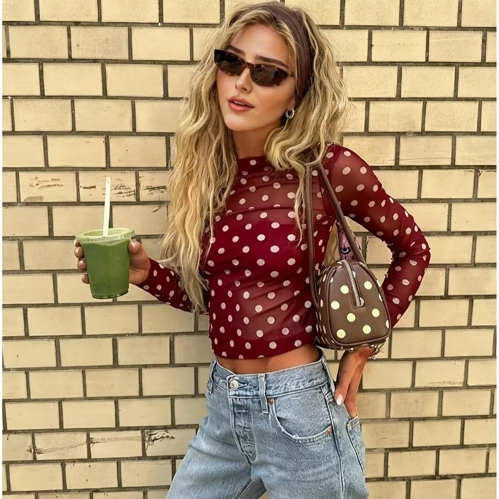 Classic Transparent Polka Dot T-Shirt Leopard Round Neck Long Sleeve T-Shirt Slim Fitted Mesh Top Office Wear