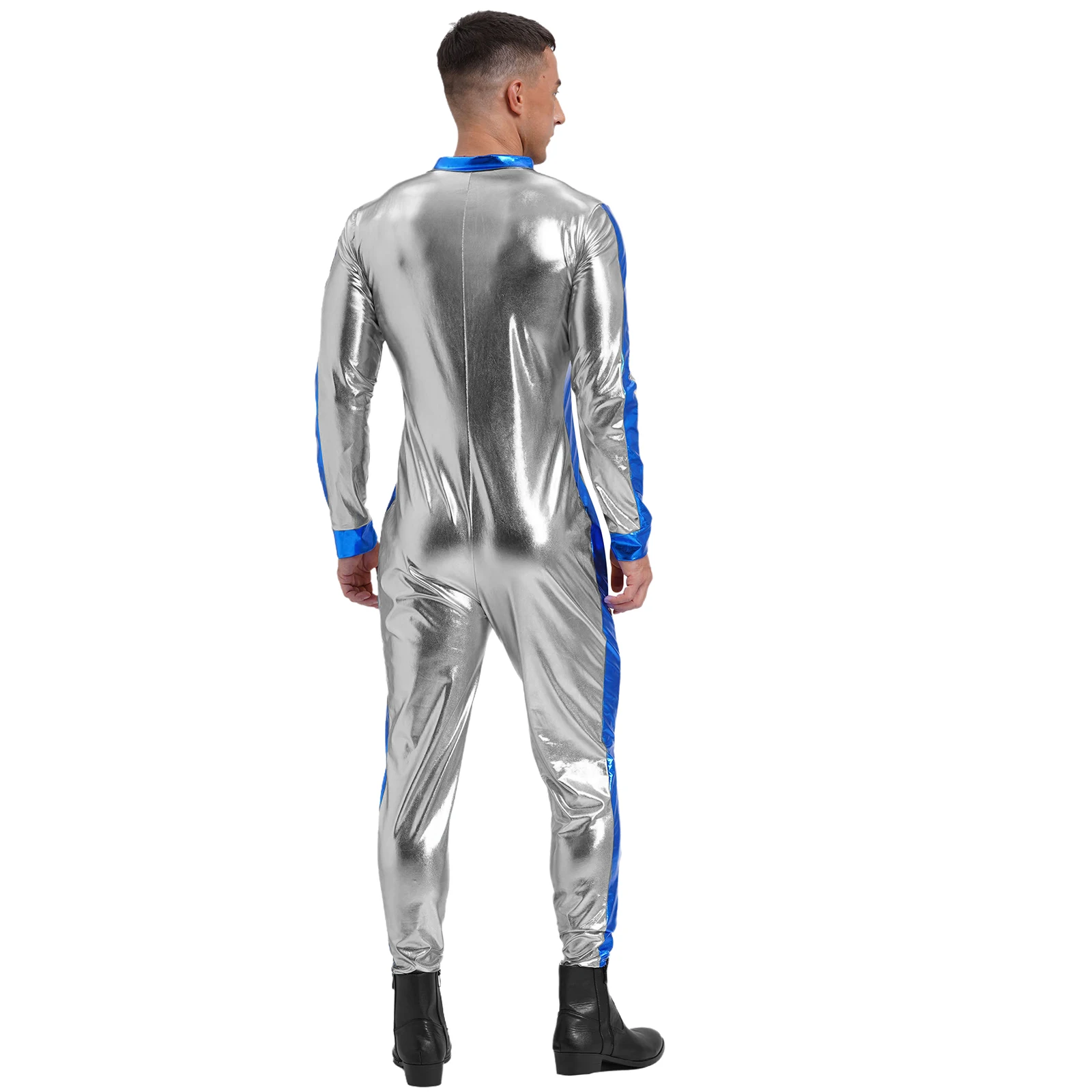 Mens Silver Astronaut Pilot Cosplay Costumes Long Sleeve Unitard Jumpsuit Metallic Shiny Space Rompers Catsuit Halloween Party