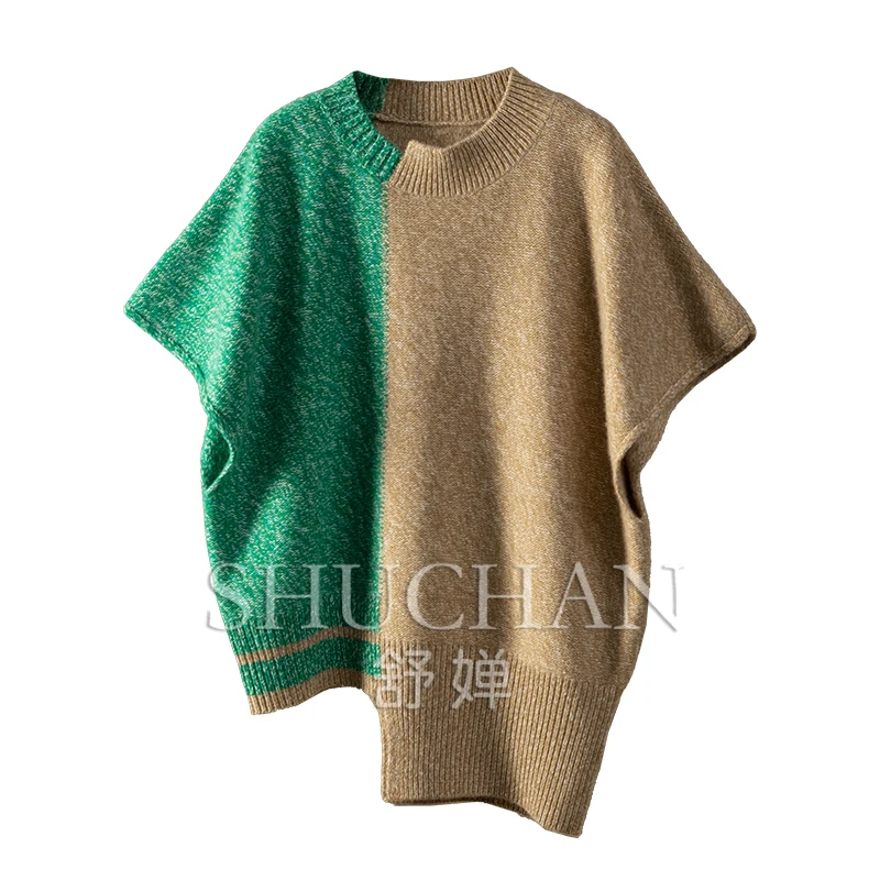 Design Contrasting Color 100% Cashmere Half Sleeve Sweater Women Autumn Winter 2024 Sueter Mujer