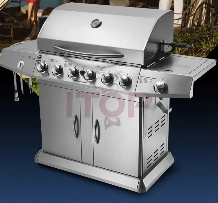 

6 burner gas BBQ stainless steel grill bbq cyprus outdoor kitchen garden gas barbecue grill villa party bbq grill trolley