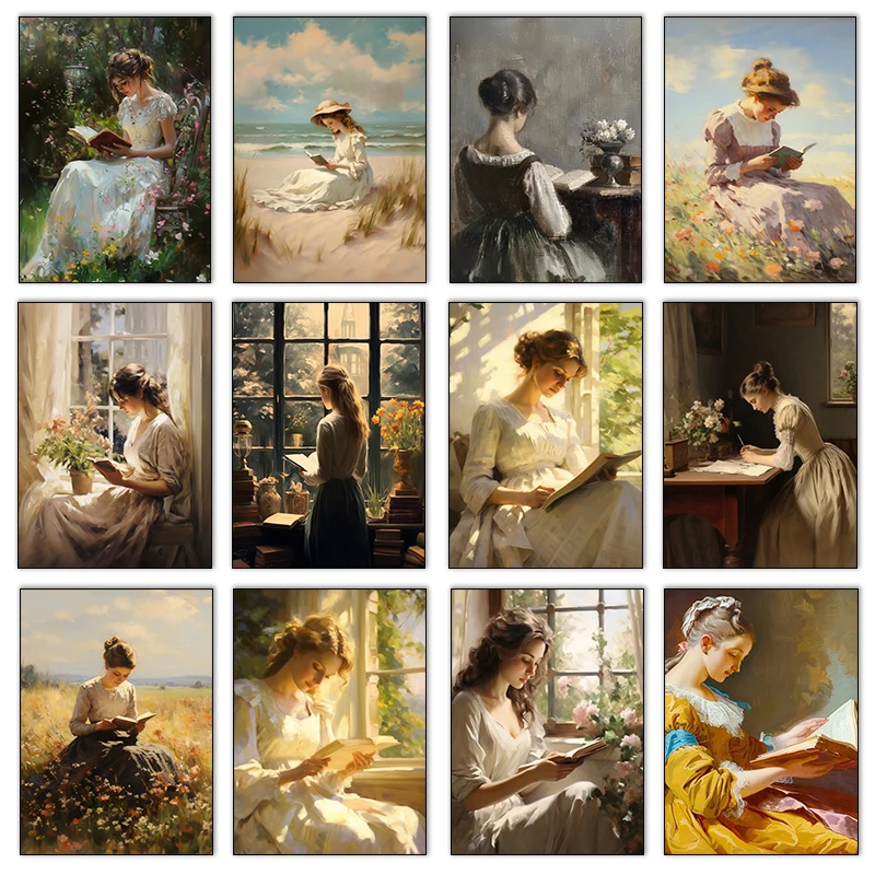 العتيقة صورة امرأة قراءة كتاب المشارك Vintage لا تزال الحياة كتم نغمات حائط لوح رسم الفن غرفة الدراسة غرفة نوم ديكور المنزل