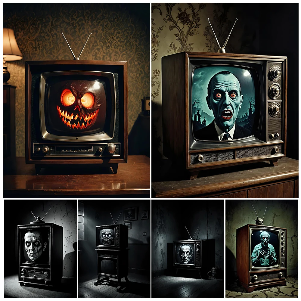 تلفزيون رعب زاحف فن جداري قوطي ، لوحة قماشية ، تلفزيون غريب ، صورة مخيفة ، ملصق وطباعة ، ديكور منزلي ، بدون إطار