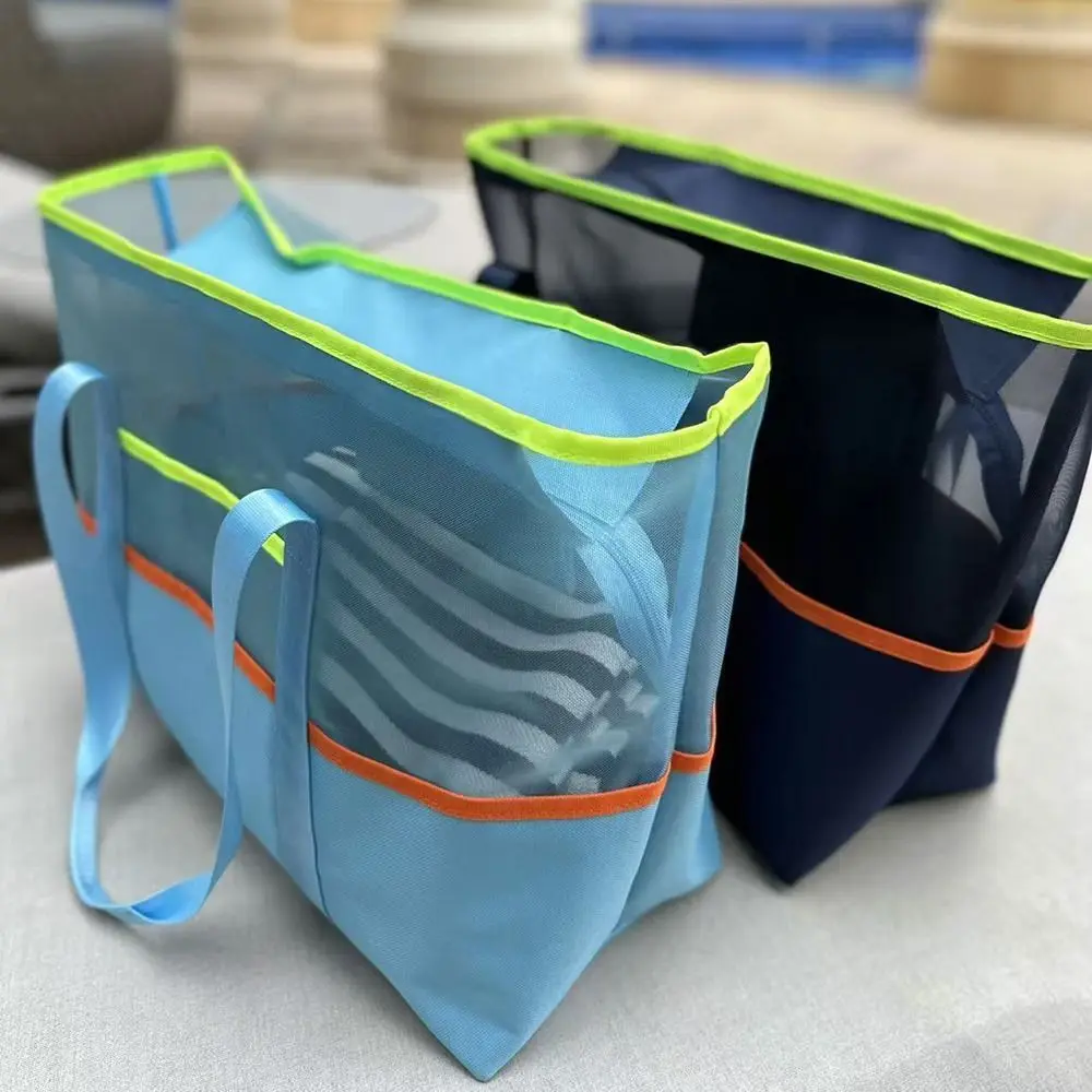 Multi-Pocket Mesh Beach Bag Portable Large Capacity Toiletry Organizer Storage Bag Lightweight Foldable Swimming Handbag Gym
