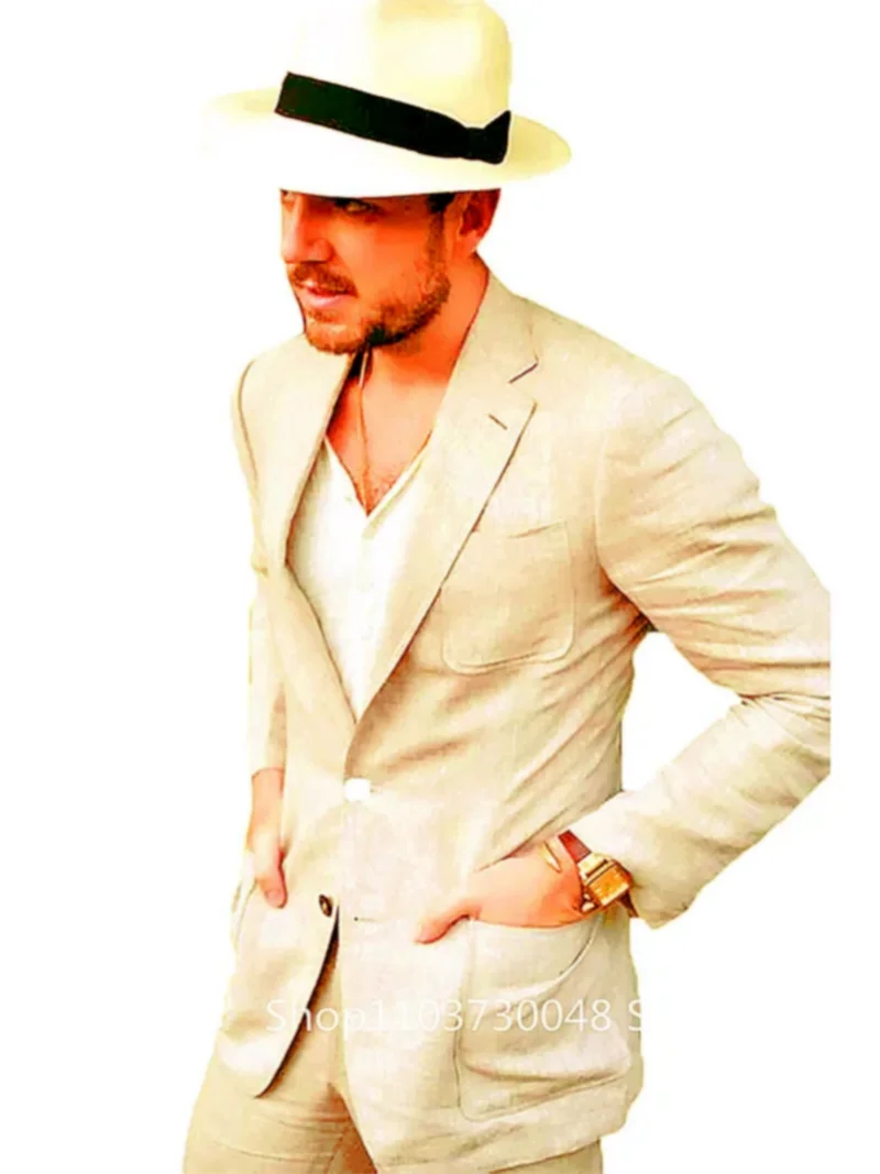 

2 Piece Men's Beige/Light Blue Linen Notch Lapel Two Buttons Slim Fit Blazer with Pants Wedding Groom Tuxedos Casual Men Suits