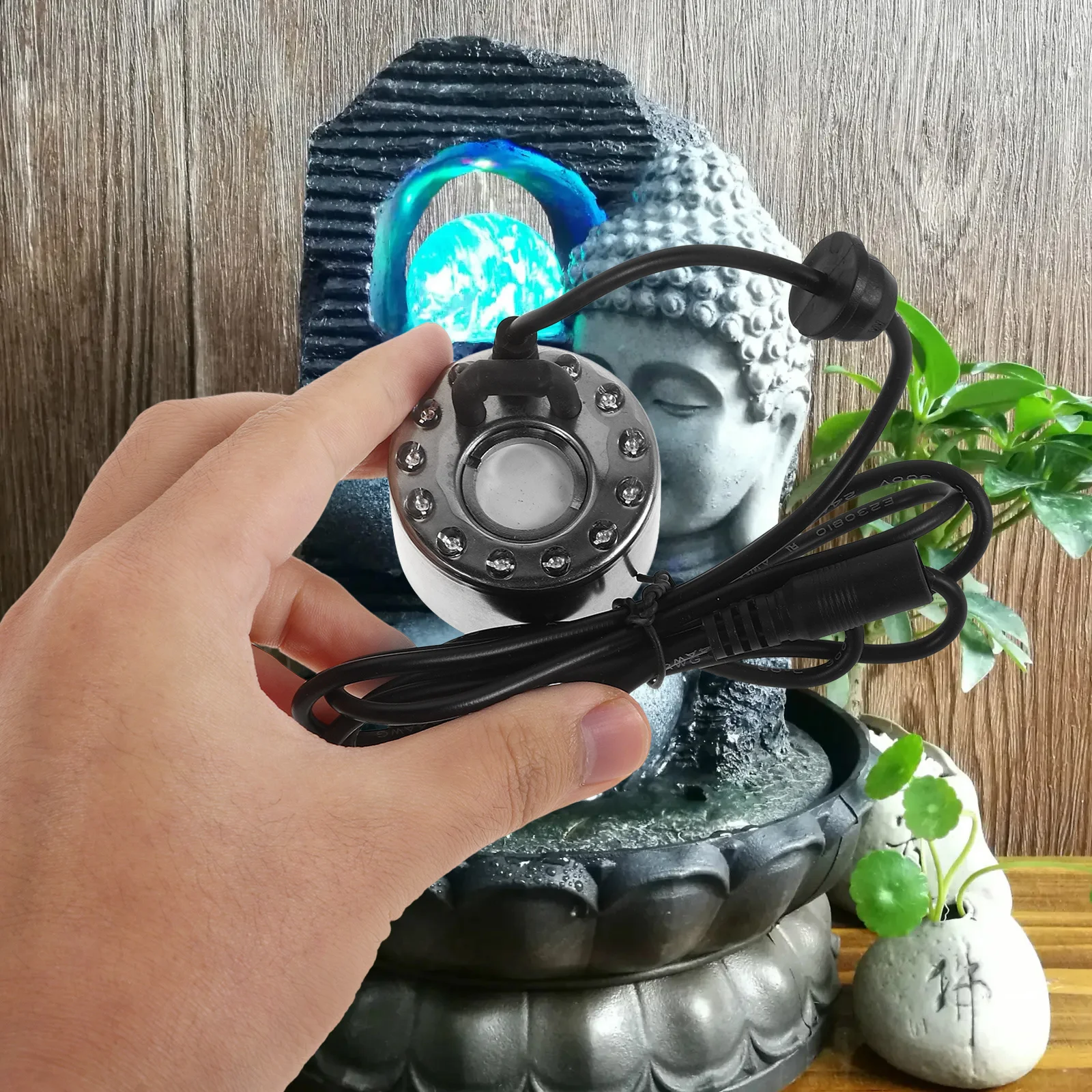 

12 LED Light Halloween Pond Fog Machine Mist Maker Air Humidifier Water Fountain Silver for Fish Rockery Decor