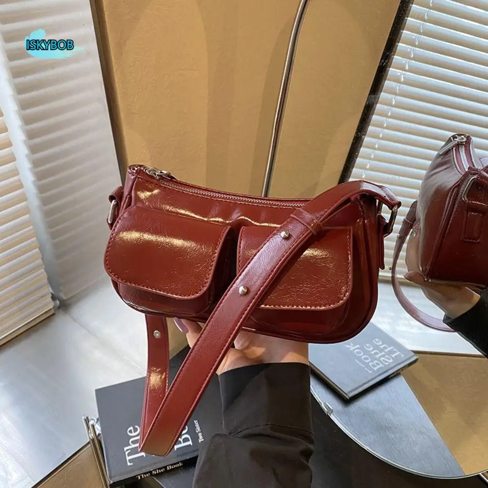 

Portable Solid Color Crossbody Bag Retro High-capacity Shoulder Bag Double Pockets PU Leather Satchel Hobo Bag Outdoor