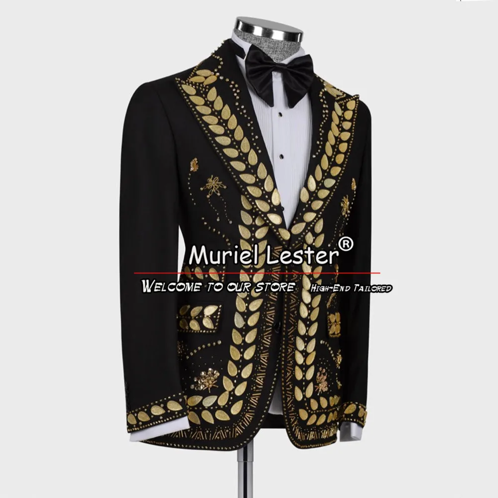 

Groom Wear Wedding Suits For Men Gold Beading Blazer Set Formal Banquet Prom Party Dress Elegant Man Tuxedo Tailor-Made Clothes