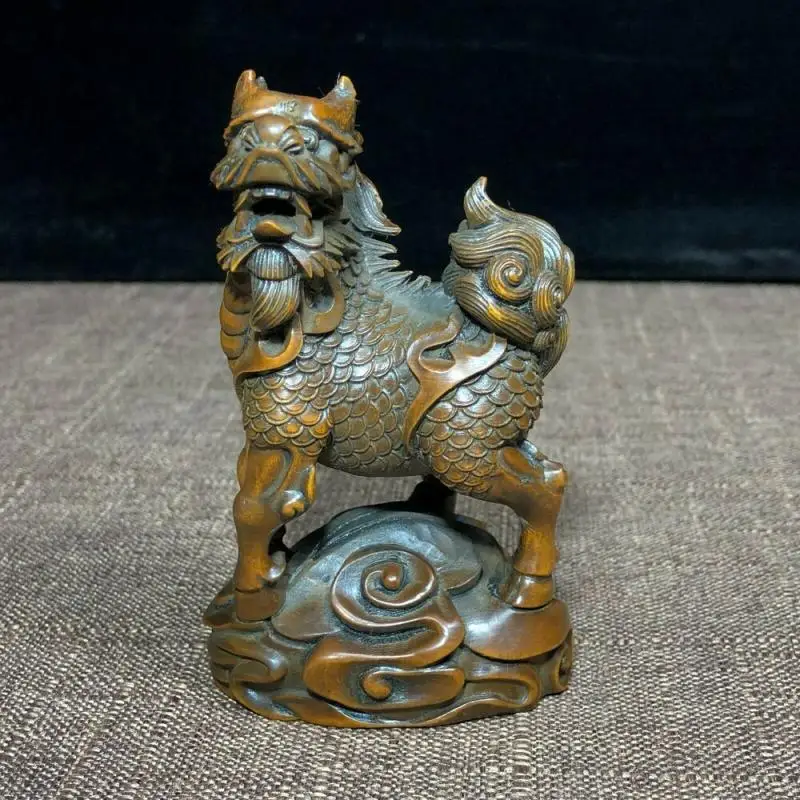 Old Collectible Boxwood Auspicious Beast Fire Kylin Chinese Wood Ornament Statue