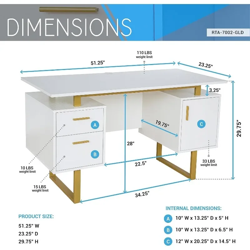 Techni Mobili Opbergladen En Kast 51.25 ”W-Modern Kantoor Groot Drijvend Bureaublad Oppervlak Bureau, 23.6" D X 51.2 "W X 29.8"