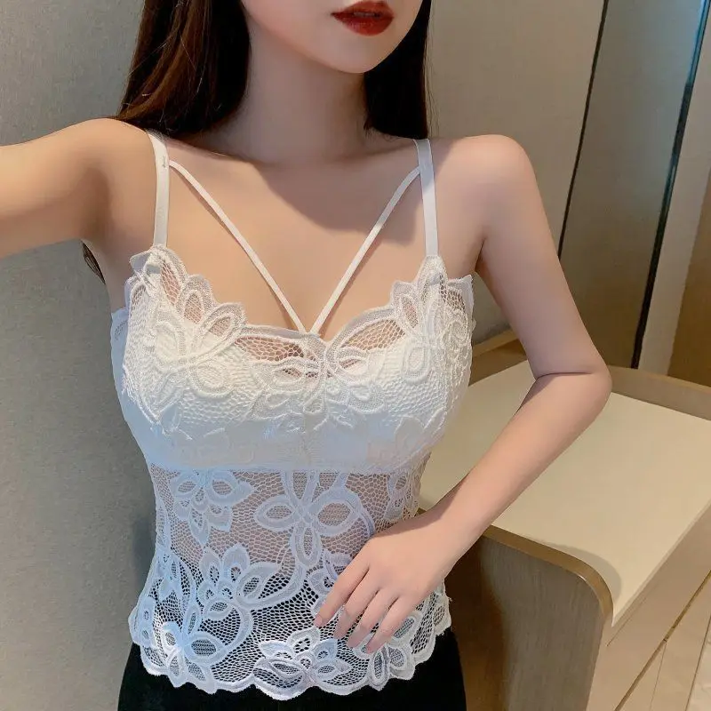 Lingerie seksi renda atasan tabung dua potong pakaian wanita tren Bustier Bra bantalan Bandesu Crop Top Tank Top atasan bawah Putih Hitam