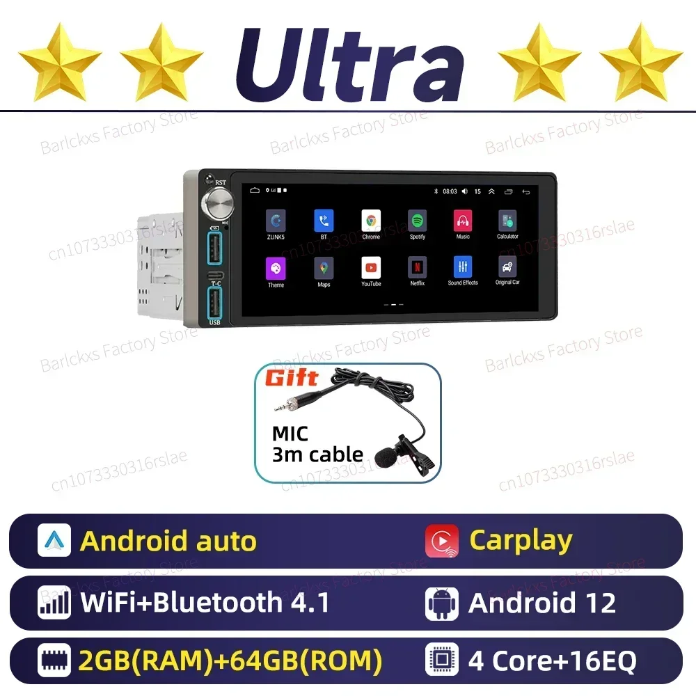Draadloze Carplay Autoradio 6.86 "1 Din Radio Android Auto Multimedia voor VW Volkswagen UP 2011-2017 Head Unit GPS navigatie Wifi