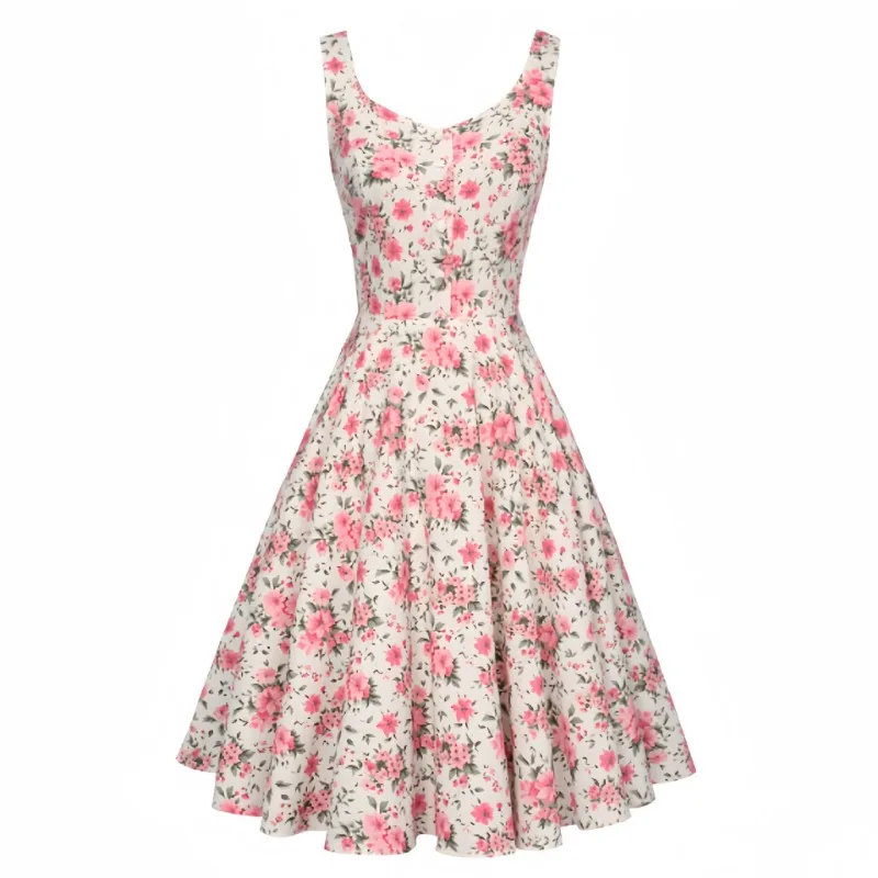 Ärmelloses Spaghettiträger-Sommerkleid mit Blumendruck für Damen, elegant, Vintage-Stil, 50er-Jahre-Partykleider, Cosplay-Kostüme