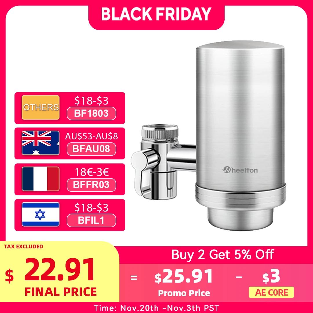 Wheelton Stainless Steel Kitchen Tap Filter Household Ceramic Water Purifier Faucet Water Filter  Activated Carbon Filtration