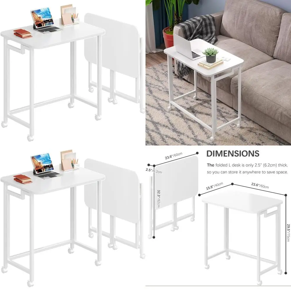 

Portable Laptop Desk on Wheels for Small Spaces - Sleek White Mobile Office Solution