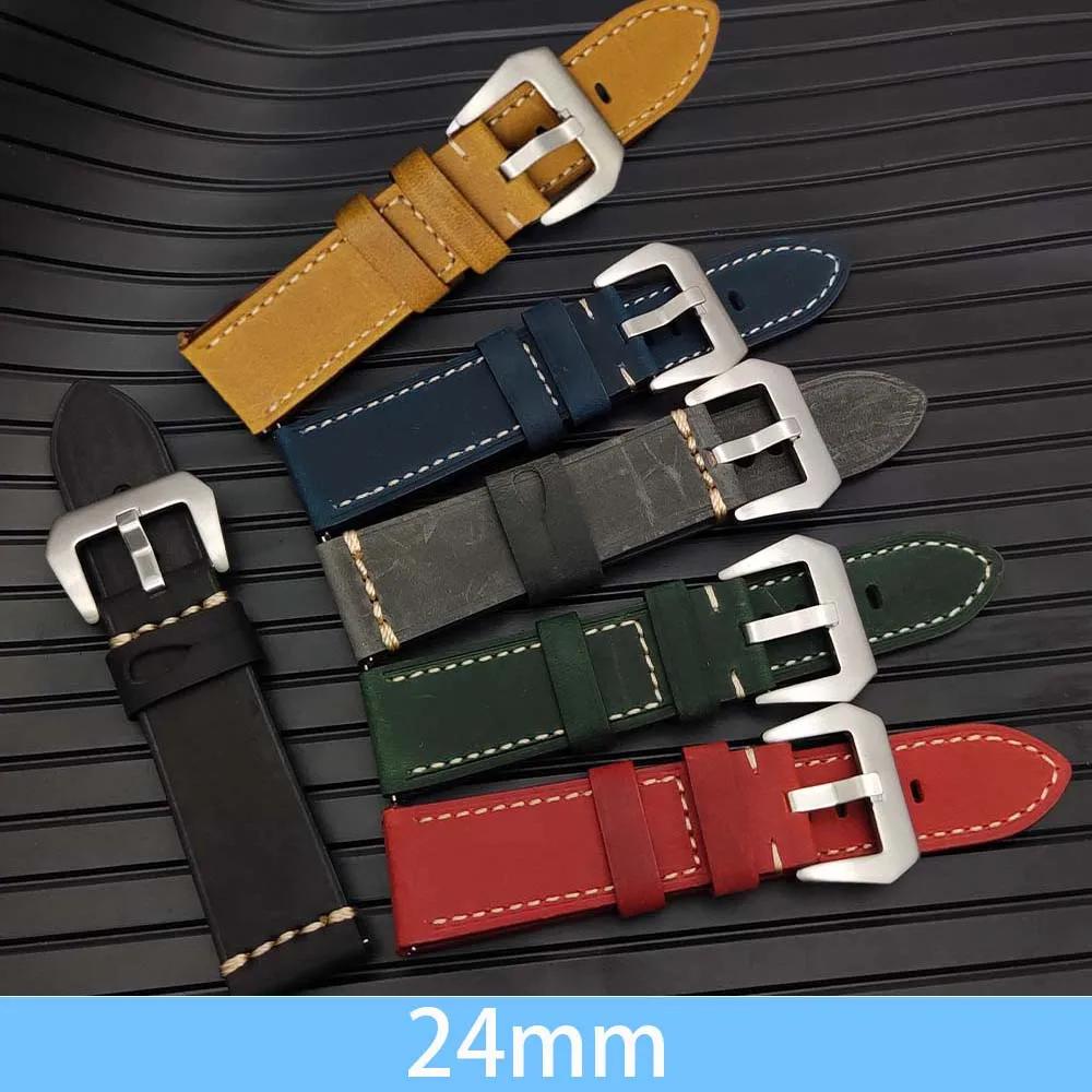حزام جلدي كلاسيكي مقاس 24 مم، أسود/أحمر/أخضر داكن/أزرق داكن/رمادي/بني