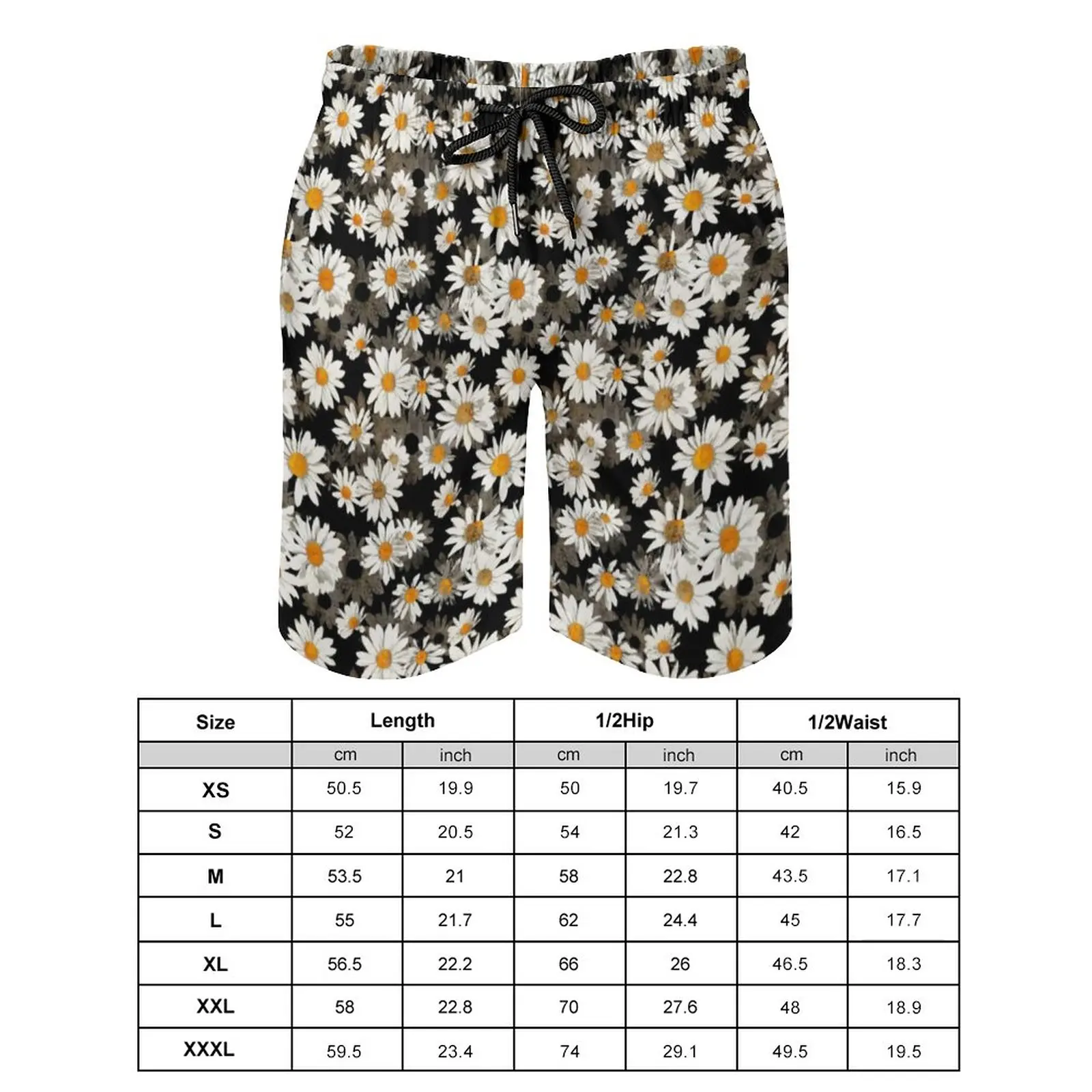 Schicke weiße Gänseblümchen-Boardshorts, bequeme Herren-Strandshorts, Blüten- und Blumenmuster, Trenky-Boardhose, große Größe