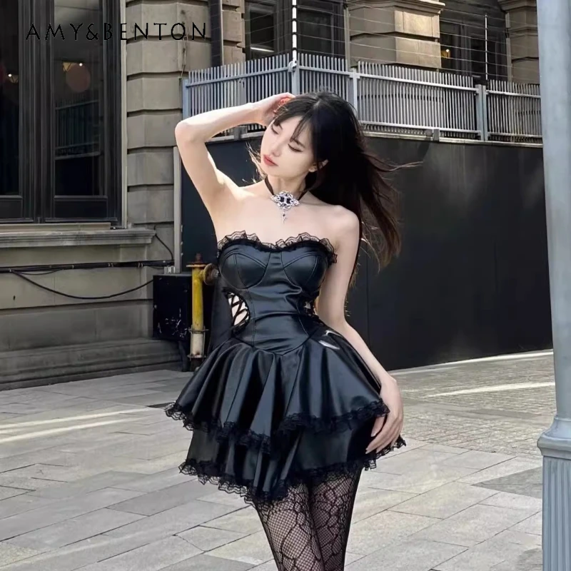 

Original Gothic Hot Girl Side Waist Hollow Women's Short Dress New Lace-up High Waist Slim Fit Thin Cake Tube Top Dresses Ladies