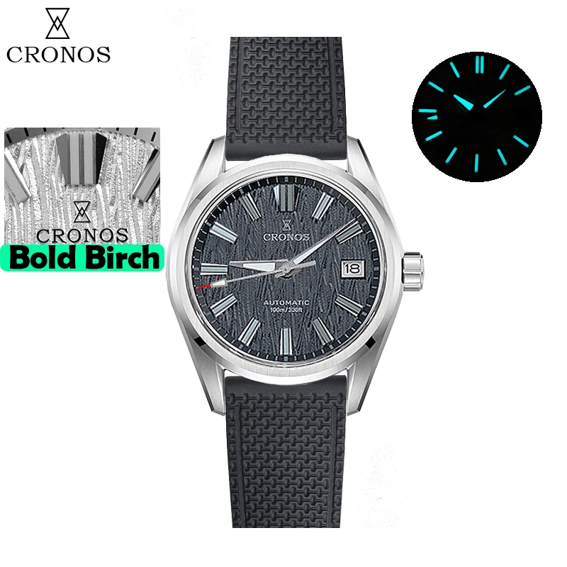 Cronos Herenhorloge 39mm Automatisch Miyota 9015 uurwerk Polshorloges Witte wijzerplaat Berkenpatroon Massieve schakels Saffier 10 ATM L6040M