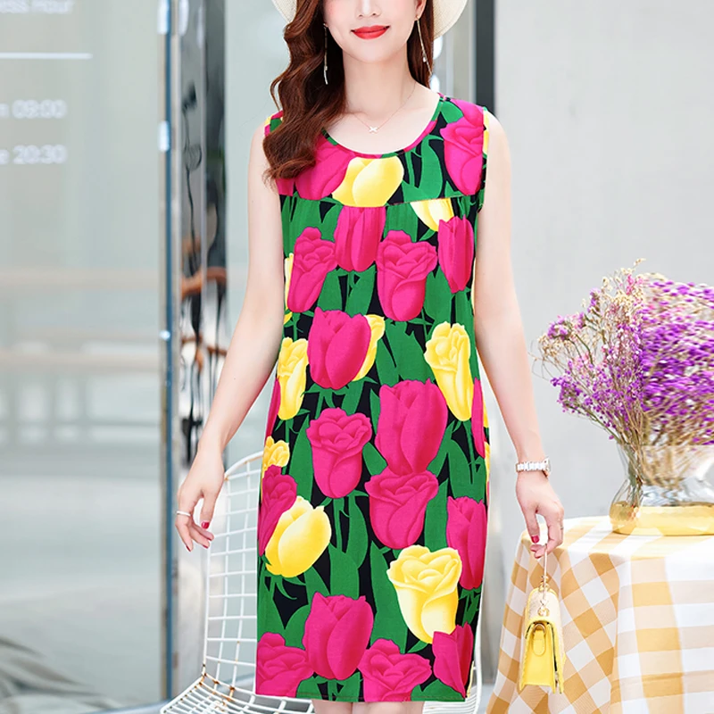 New 2023 Women Summer Print Flowers Nightdress Casual O-neck Sleeveless FashionVintage Dresses