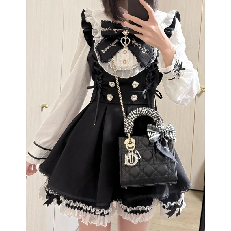 Robe patchwork Lolita, ensemble 2 pièces: robe à manches longues et col Peter Pan avec nœud doux et jupe Perppy en dentelle à volants taille haute