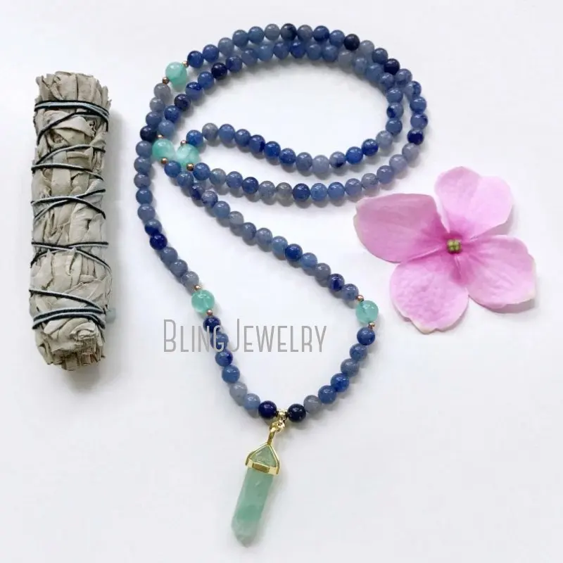 MN34595 Aventurine Necklace 108 Mala Beads   Blue   Meditation   Prayer 