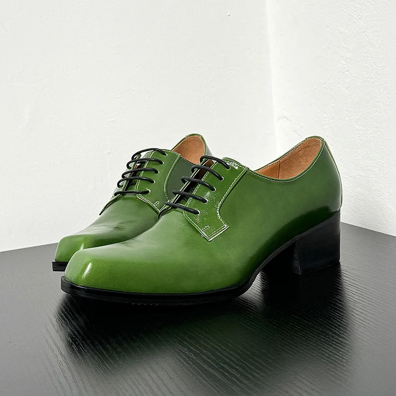 Men Bright Green Square‑Toe Lace‑Up Derby Shoes Block Heel Business Party Leather Footwear