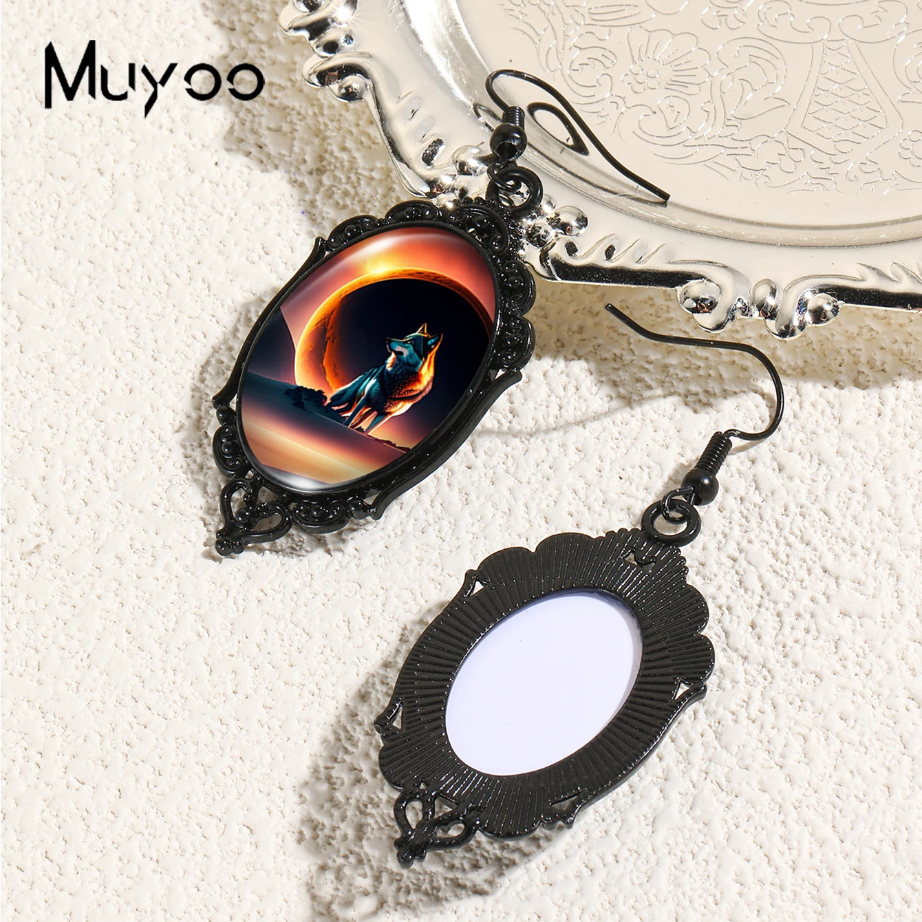 2024 New Arrival Fashion Wolf Moon Lunar Eclipse Glass Cabochon Fish Hook Earrings Handmade Black Pumpkin Dangles