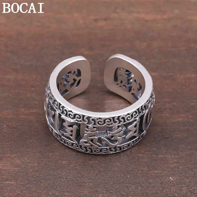 

BOCAI New S925 Sterling Silver Jewelry With Retro Personality Hollowed Out Six Character Mantra Ring Men's Selected Gift