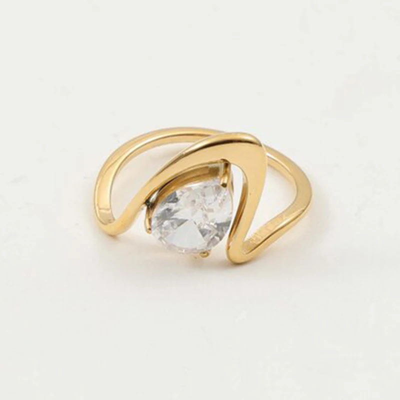 PVD Gold Plated Stainless Steel Abstract Ring  Brilliant CZ Water Drop Stone Wedding Engagement Ring for Women