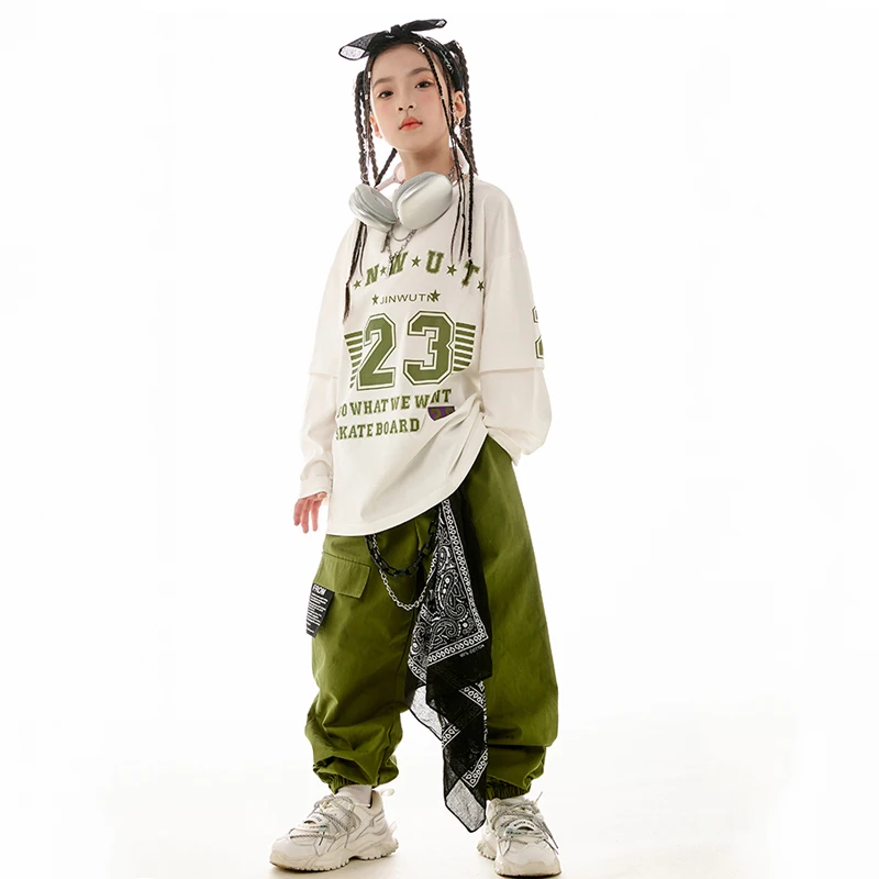 Hip Hop Dance Clothes For Girls Jazz Practice Wear White Long Sleeves Tops Green Pants Boys Teenagers Casual Clothing BL11644