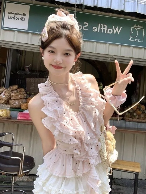 

Sweet Atmosphere Ins Style Pink Polka Dot Splice Lace Collar Vest Top Puffy Cake Skirt Two Piece Set Short Sleeve V Neck