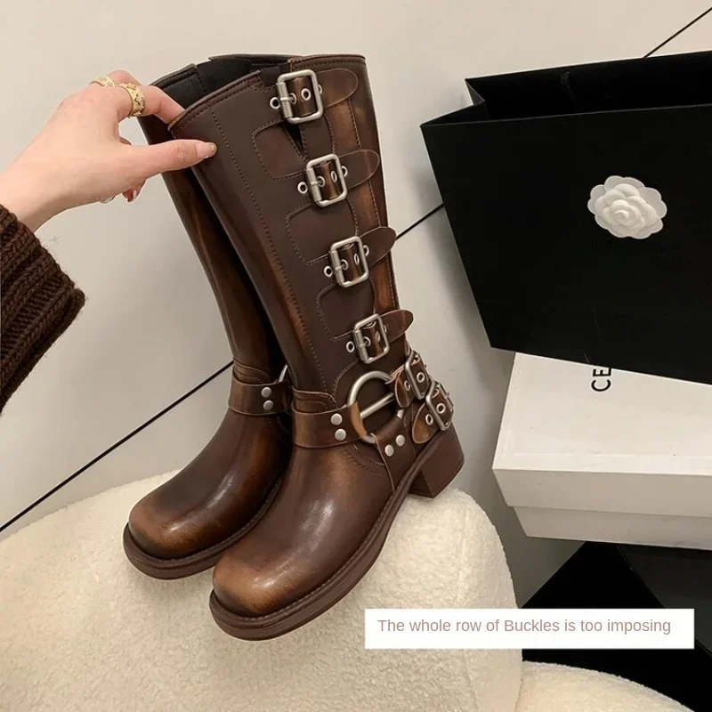 Metal Buckle Square Toe Knee High Boots Women Black PU Leather Punk Long Boots Woman Autumn 2026 Chunky Heels Motorcycle Booties