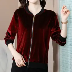 2023 New Autumn and Winter Fashion Trend Simple Solid Casual Loose Oversize Gold Velvet Baseball Jacket Women's Short Jacket