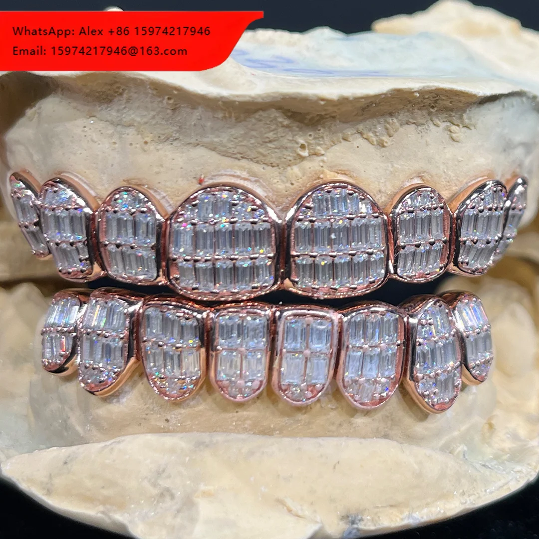 Full Iced Out Grillz For Teeth 925 Sterling Silver Custom Hip Hop Moissanite Baguette Cut Grillz
