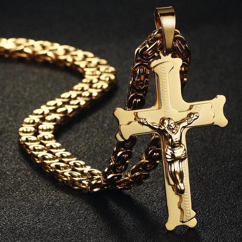 Edelstahl Kruzifix Jesus Byzantinische Gliederkette Halskette Fischgrätenmuster Kreuz Anhänger Halskette Katholischer Schmuck Männer Geschenk – Detail 5