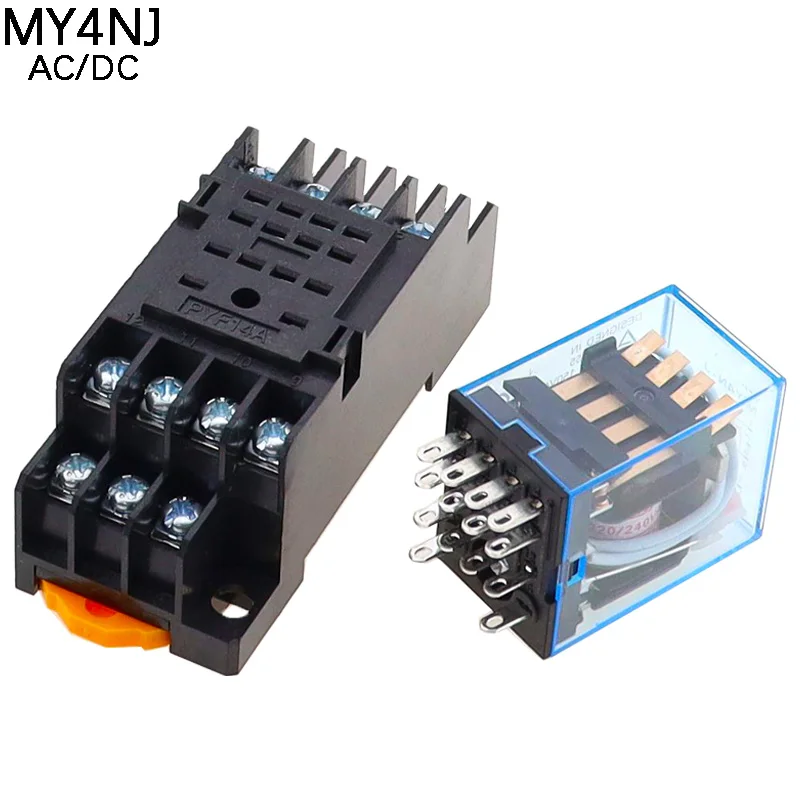 10PCS MY4NJ AC/DC12V 24V 36V 48V 110V 220V 380V  Coil 5A 4NO 4NC Power Relay DIN Rail 14 Pin time relay with socket base