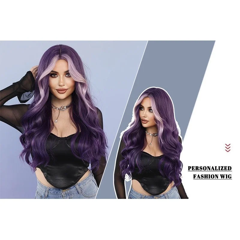 Long Wavy Purple Wig Middle Part Highlight skunk Hair Wigs view 2