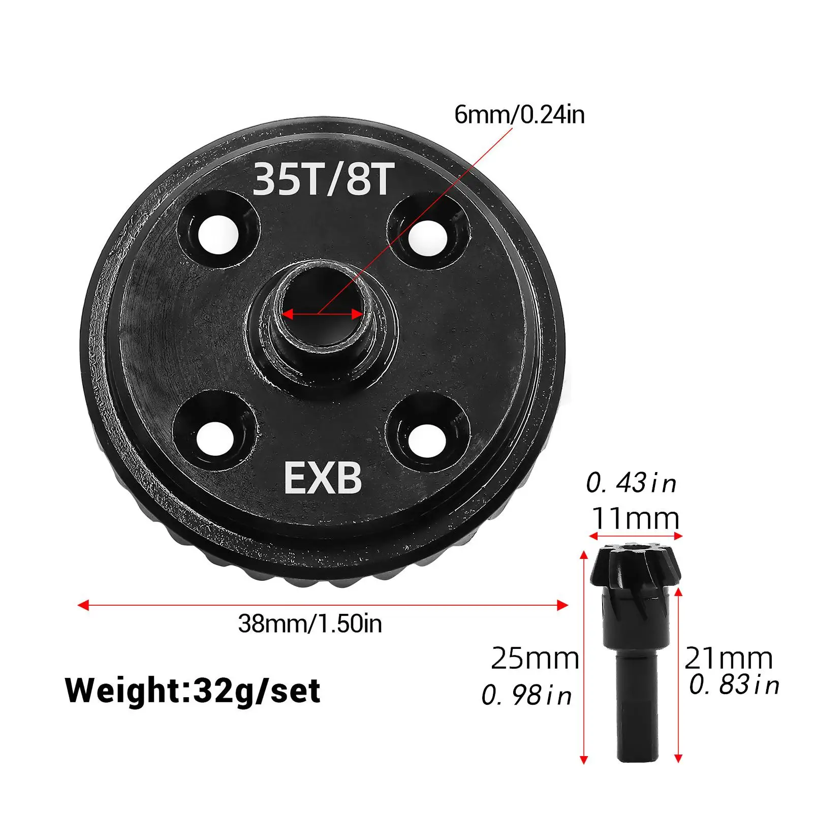 Differential Gear 35T and 8T Supplies Spare Parts Professional Sturdy Alloy Steel Black RC Car Bevel Gear for 1/8 Kraton Exb