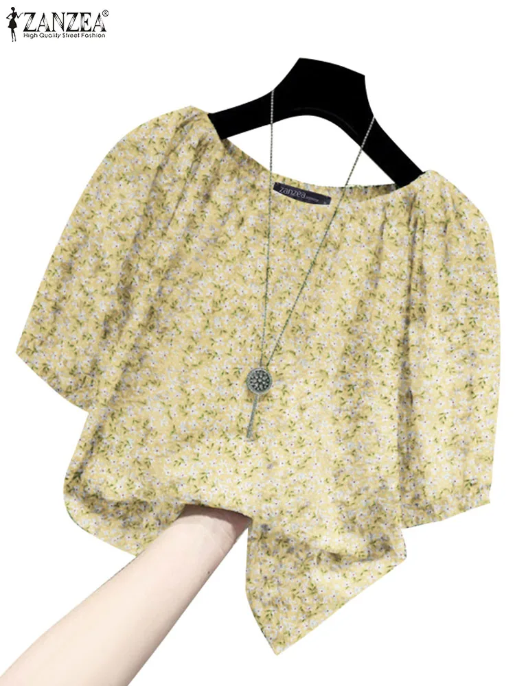 ZANZEA-Chemisiers à imprimé floral pour femmes, col bateau, manches bouffantes, chemise décontractée élégante, vacances, mode estivale, 2024