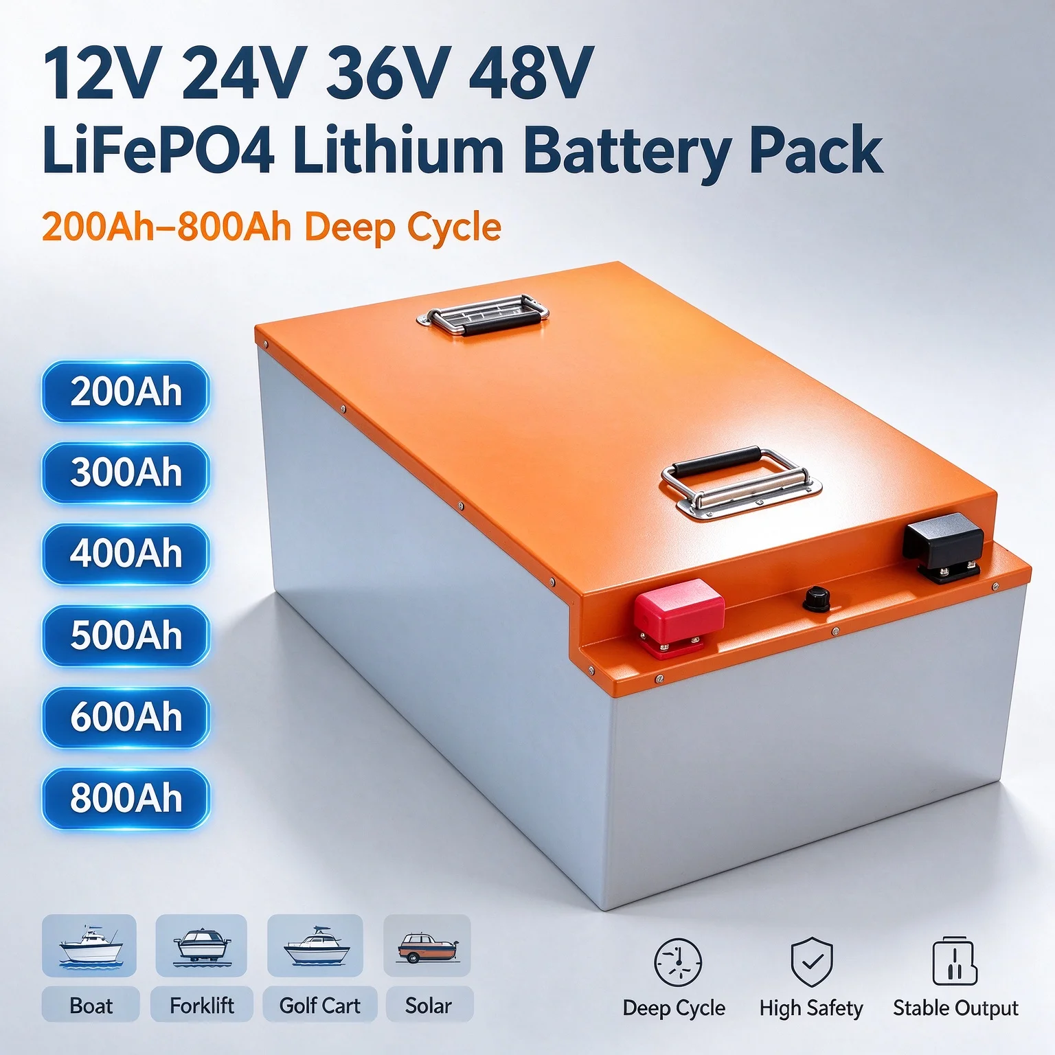 12V 24V 36V 48V 200Ah 300AH 400Ah 500Ah 600Ah 800AH lifepo4 lithium battery pack deep cycle for boat forklift golf cart solar