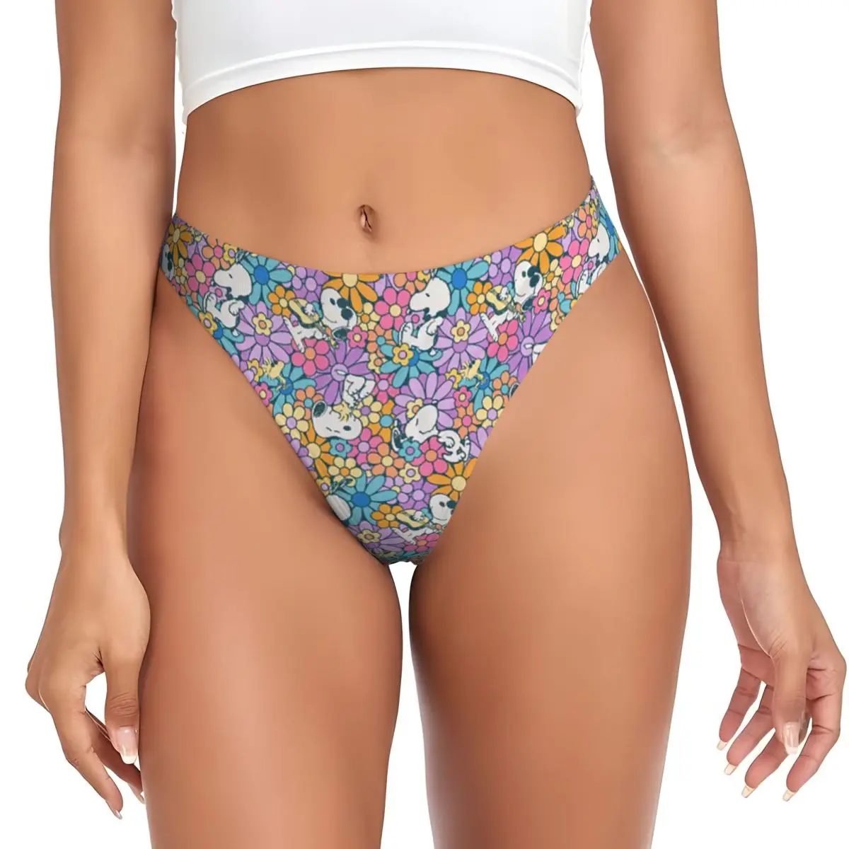 Custom Womens Snoopy & Woodstock Flower G-string Panties Female Comfort Thongs Underwear