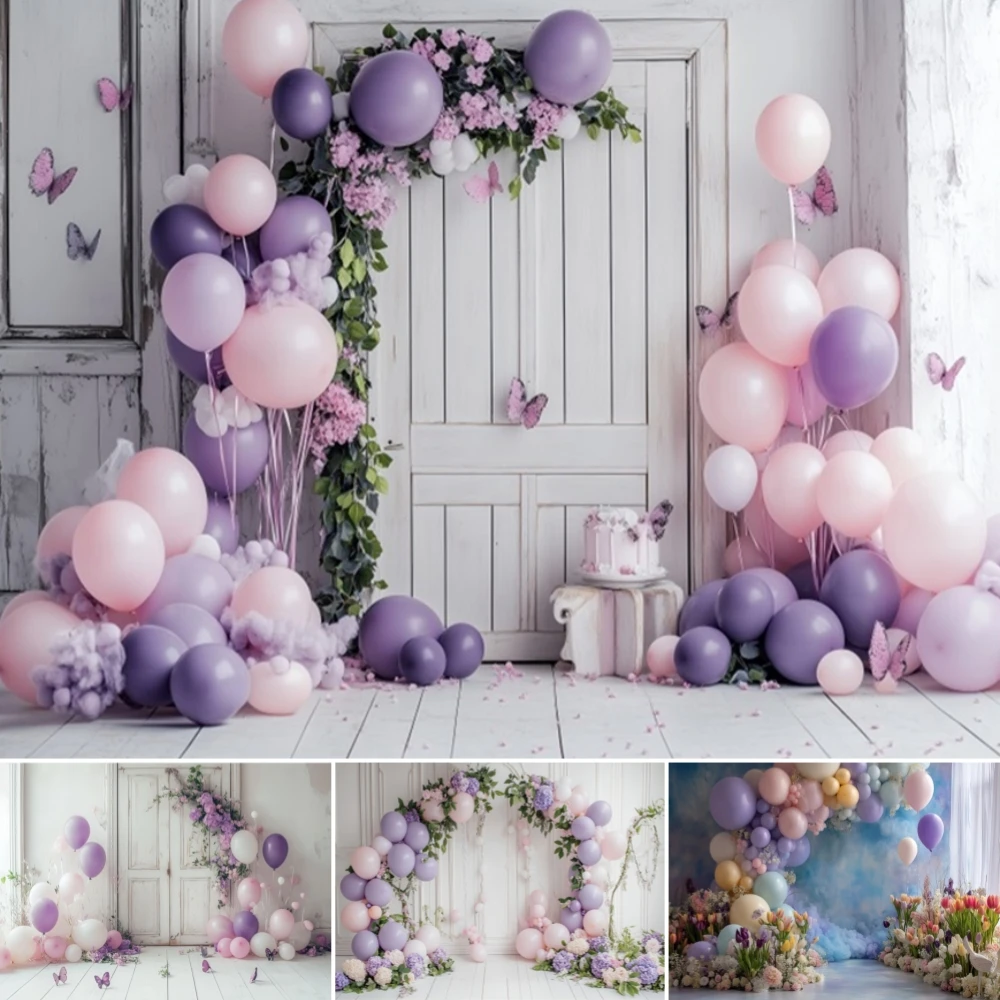 

Purple Balloon Arch PhotographyBackground Kids Birthday Decor Flower White Wooden Wall Kids Family Portrait BackdropPhoto Studio
