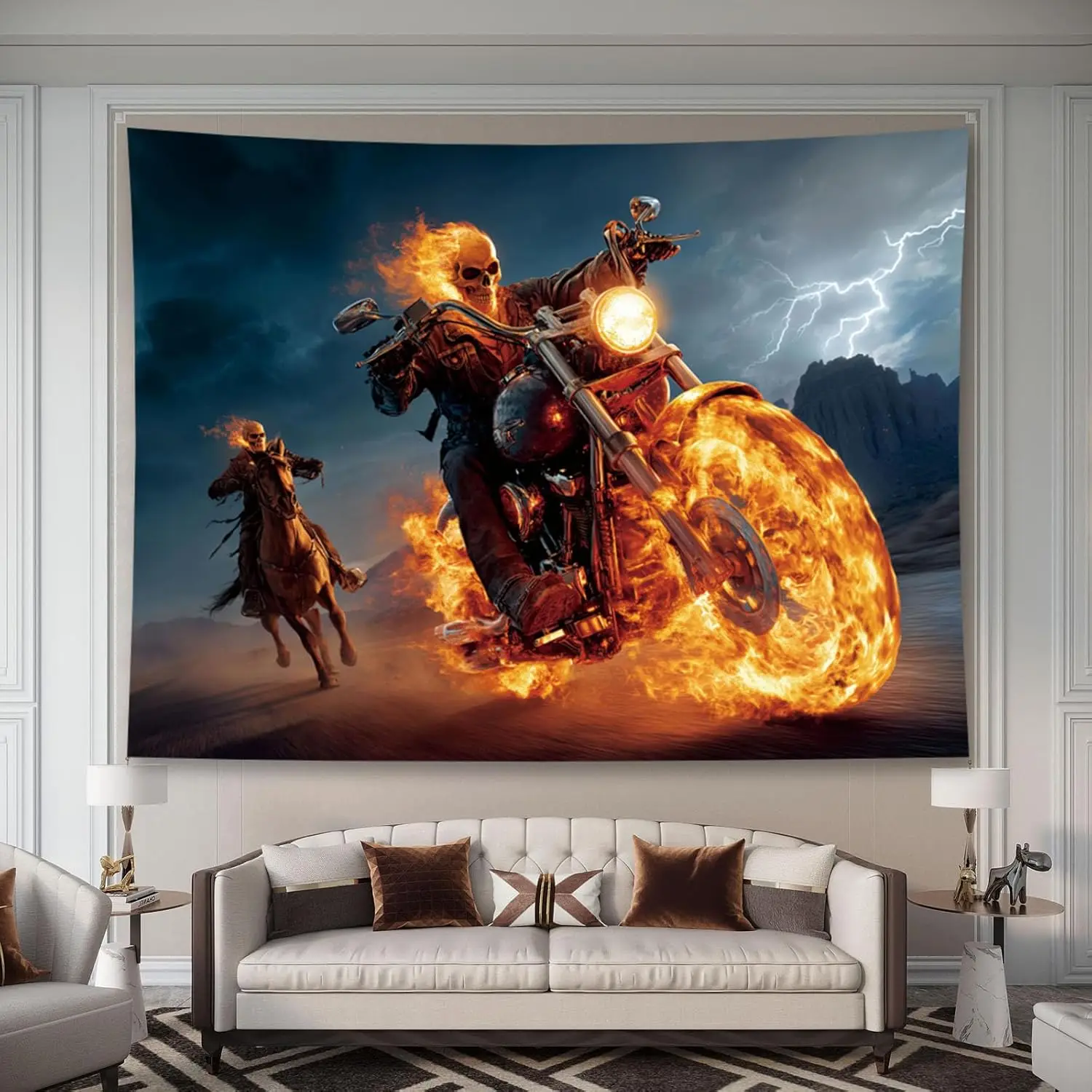 Flaming Skull Rider on Motorcycle and Horse Wall Mural 2D HD Print Action Scene Fantasy Art Dark Theme Home Bedroom Tapestry