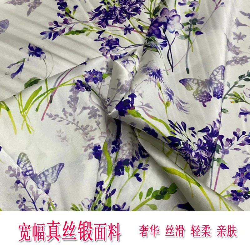 ดอกไม้บนพื้นหลังสีขาวกว้าง High-End ผ้าไหมปลอมผ้าเสื้อ Cheongsam สลิงเสื้อผ้าผ้าฤดูร้อน