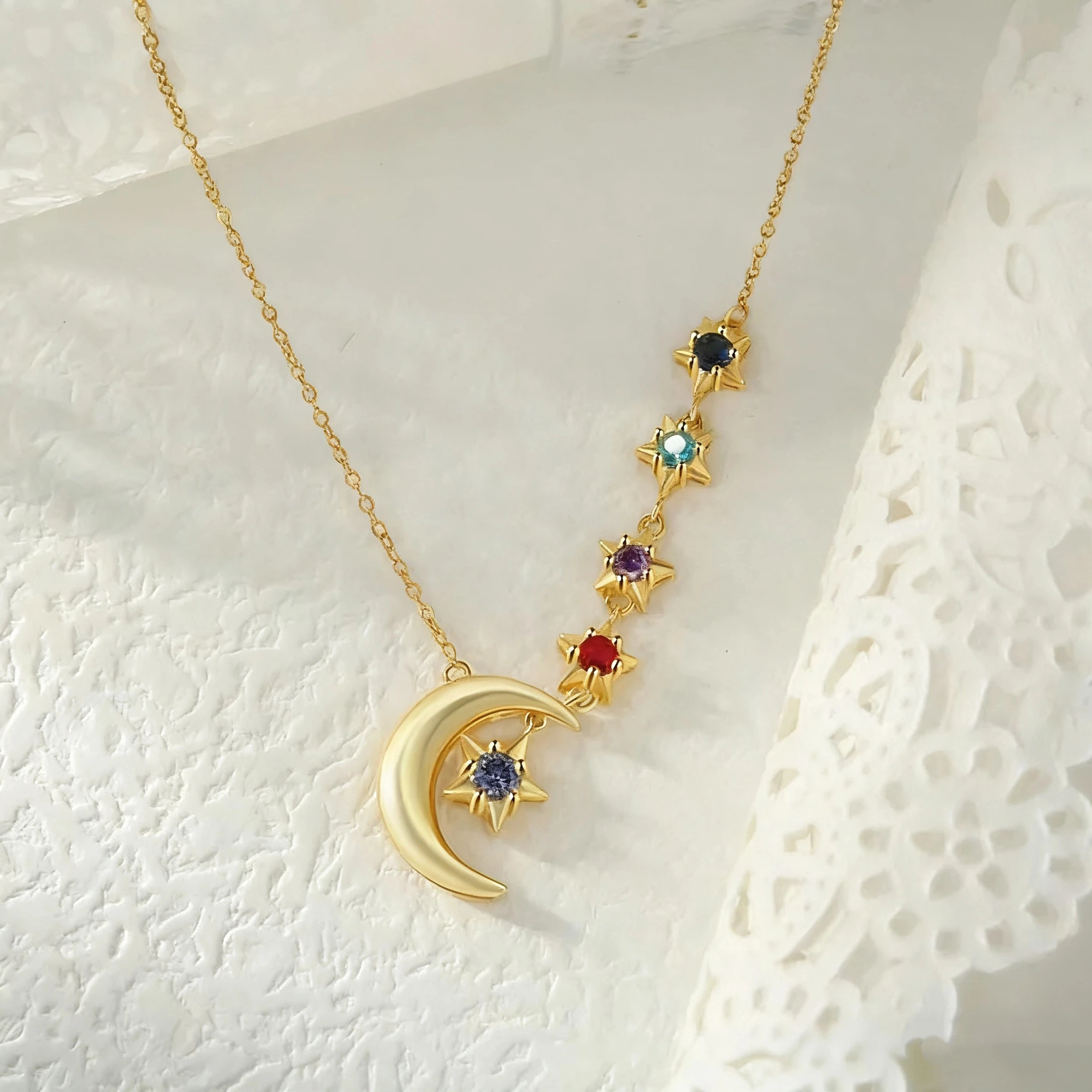 

Personalized Moon and Stars Necklace, Custom 1-5 Birthstone Star Constellation Jewelry, Rhodium Plated Chain