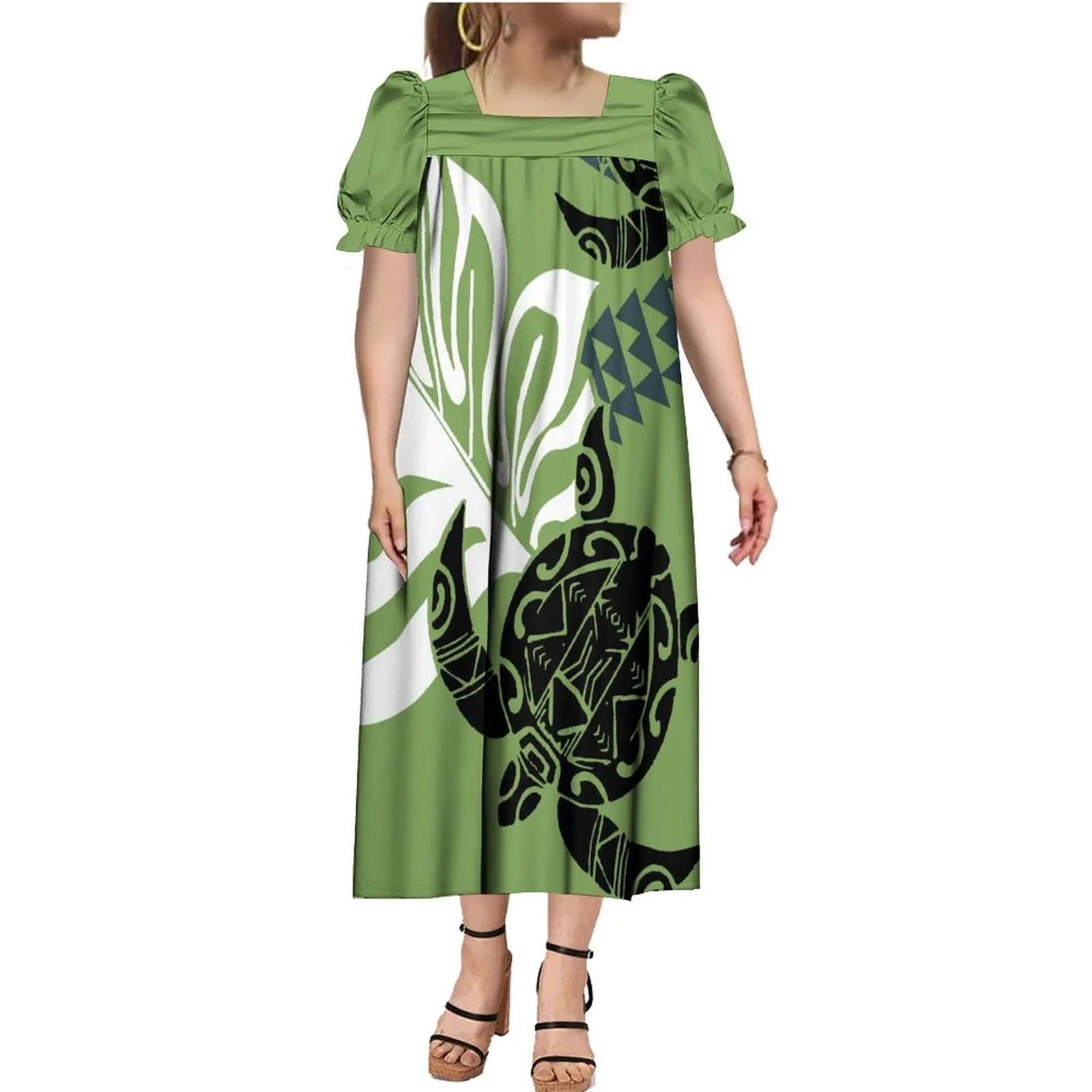 Hawaiian Turtle Print Custom Women'S Dress Polynesian Fashion Women'S Elegant Mumu Square Collar Puffy Sleeve Dress