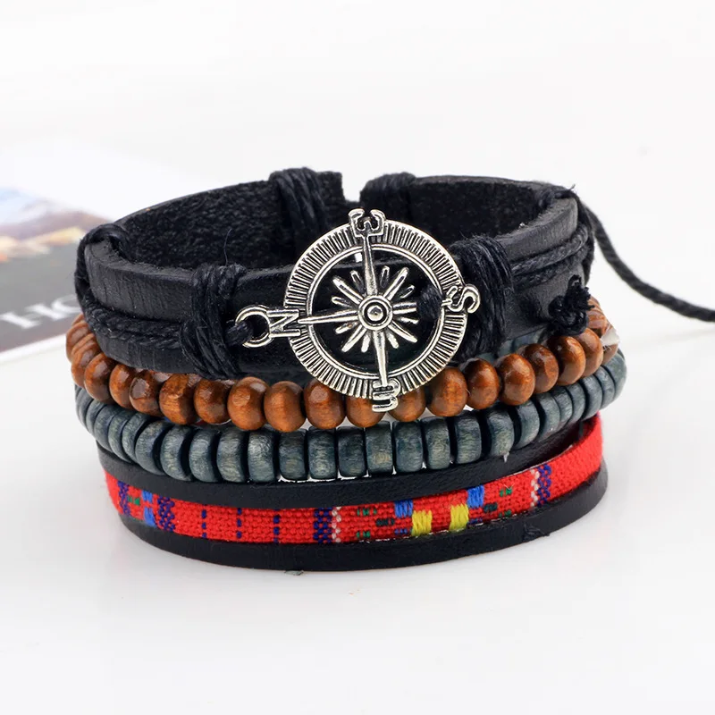 Punk Gothic Rock and roll Simple Individuality Originality Leather Weaving Bracelet Combination set  Wooden bead Compass
