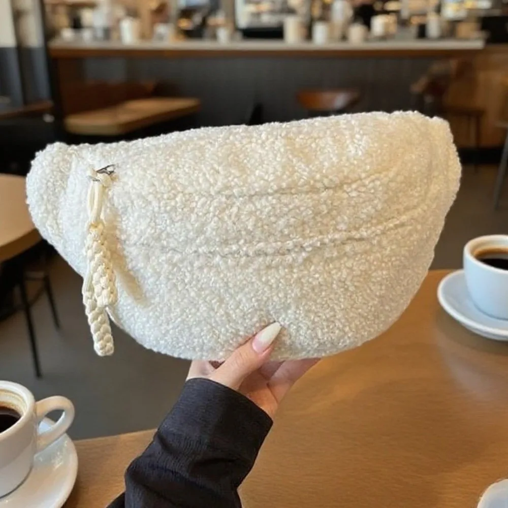 Cute Winter Fleece Crossbody Bag Solid Color Casual Waist Bag Adjustable Strap Bum Bag Outdoor Travel