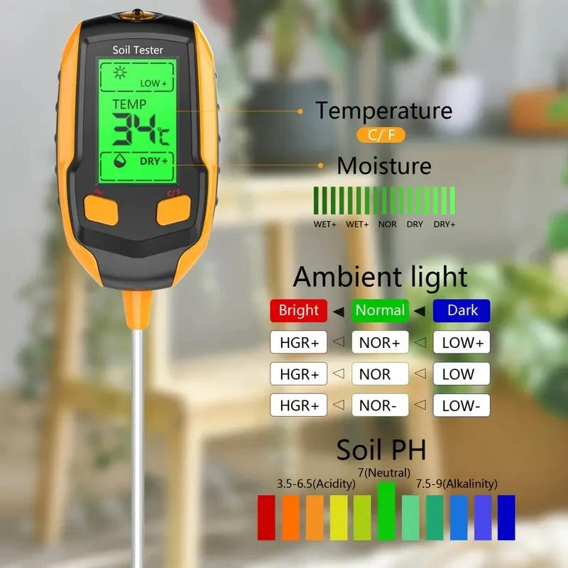 4 in 1 Soil Moisture Meter Digital Plant Temperature Soil Moisture PH Meter Sunlight Intensity Environment Humidity